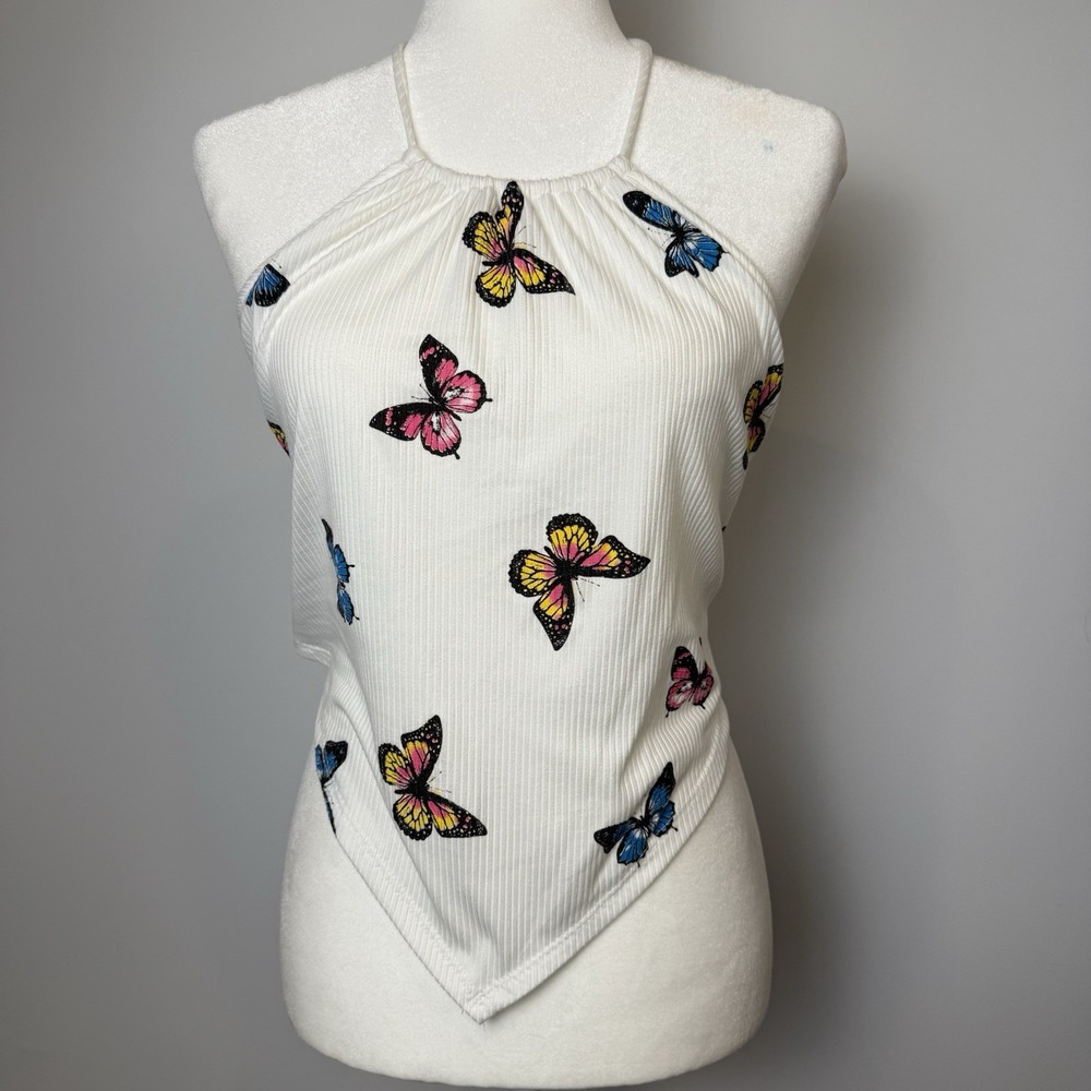 Vintage Papaya Y2K Ribbed Knit Butterfly Halter Tank Top Size Medium/Large